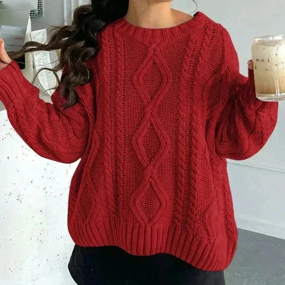 Deep Red Casual Women's Cable Knit Crew Neck Loose Long Sleeve Sweater - Picture 5 of 6